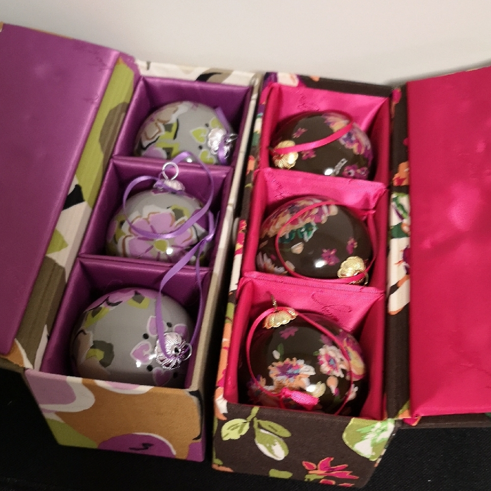 Set of Six Glass Vera Bradley Christmas Ornaments In Original Boxes 2012 Floral